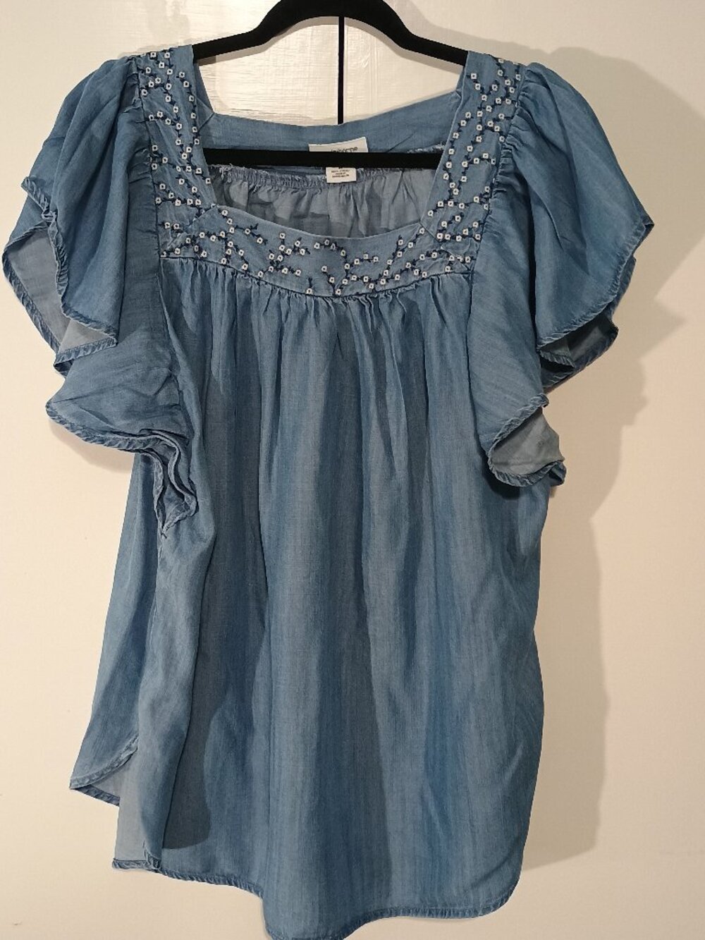 Liz Claiborne Woman 1X Chambray Embroidered Flutter Sleeve Blouse Boho Peasant - Picture 2 of 8